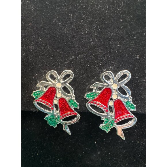 Vintage Red & Green Enamel Christmas Bell Clip-On Earrings Silver-Tone Holiday J - Picture 2 of 4